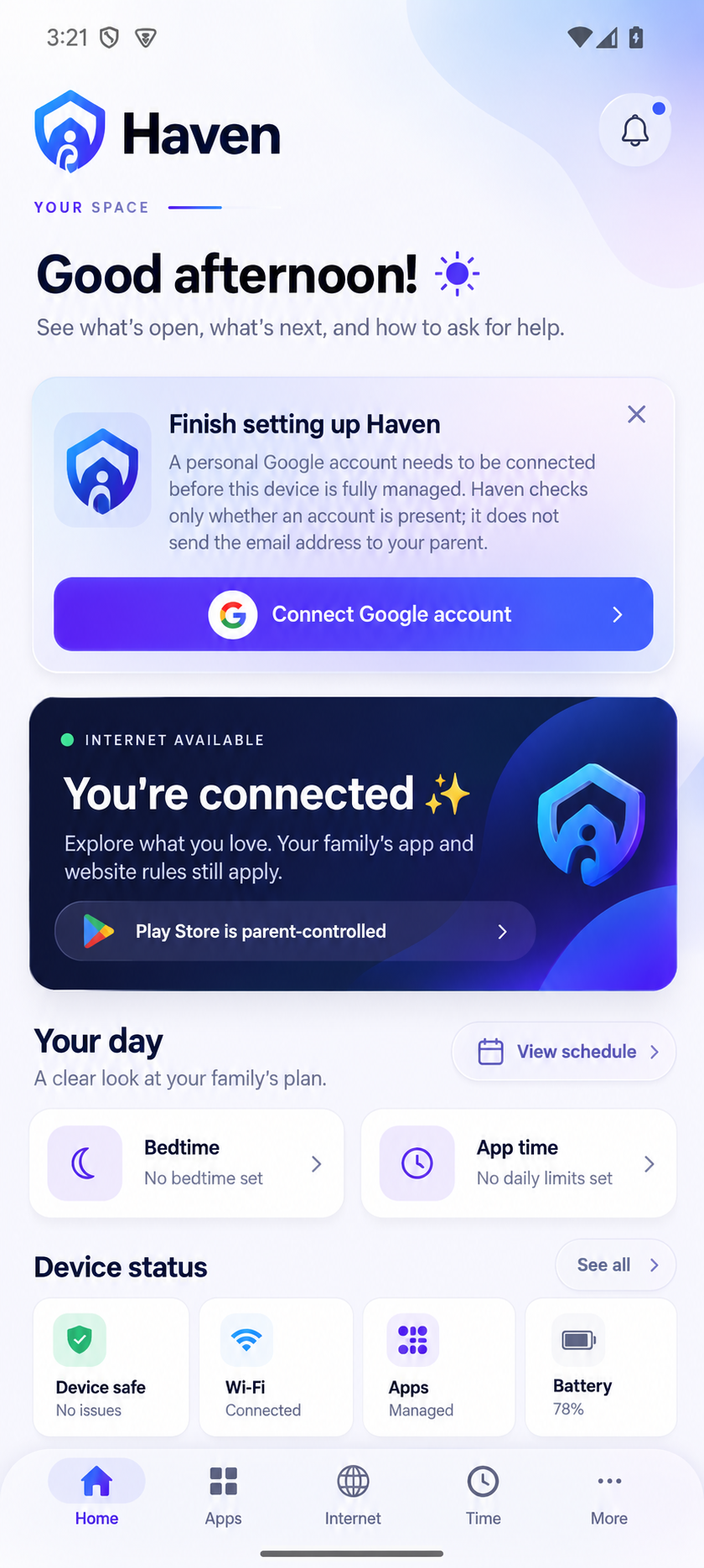 Haven child app showing family controls and device status